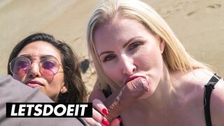 Frida Sante és Georgie Lyall vadul nyaldossák és lovagolják a hatalmas farkat a napsütötte strandon